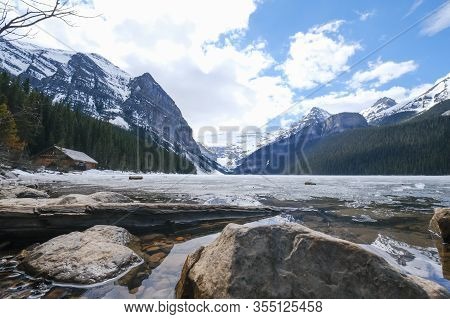Mount Fairview, Partly Frozen Lake, Lake Louise Banff National Park, Alberta Canada