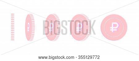 Russian Ruble Rotating Coins Set, Animation Ready. Pink Rub Copper Coins Rotation. Russia Metal Mone
