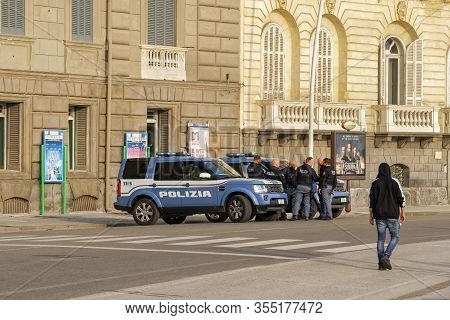 Naples, Italy - February 21 2019: Italian Police Force Cars With Policemen. State Police, Polizia Di