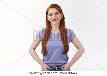 Confident And Assertive Good-looking Redhead Queer Girl In Purple T-shirt, Ready Take Care Any Probl