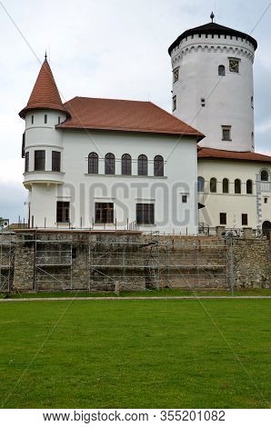 Zilina, Slovakia - May 12, 2019: Budatin Castle Under Reconstruction, Erect Scaffolding Next To Cast