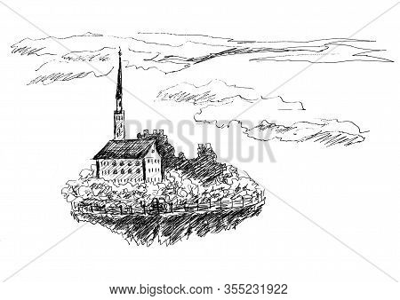 Graphic Linear Black And White White Drawing Of An Old Manor With A Tower And Spire.