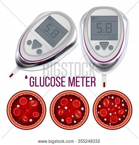 Glucose Meter And Sugar Level In Blood Vector. Hypoglycemia, Normal Glucose Level And Hyperglycemia,