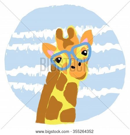 Vector Girrafe Head Neck Cute Wild Animal In Glasses Illustration For Textile Childish Posters Sky B