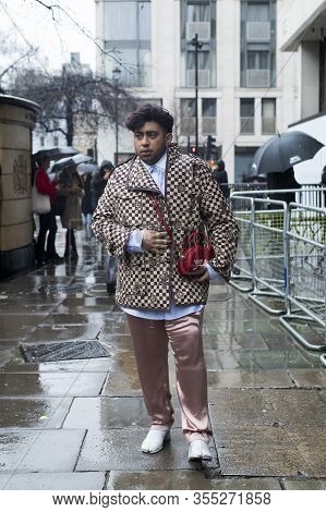 London, Uk- Febryary 15 2020: Fashionable People On The Street . Street Style
