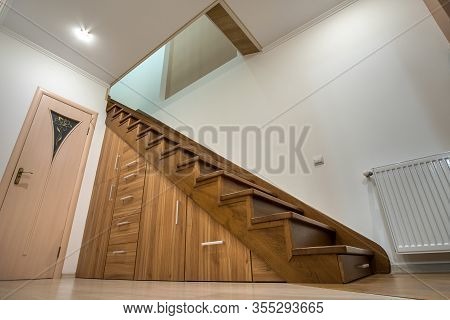 Modern Architecture Interior With Luxury Hallway With Glossy Wooden Stairs In Multi-storey House. Cu