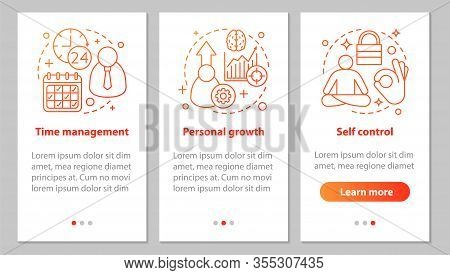 Personal Qualities Onboarding Mobile App Page Screen With Linear Concepts. Time Management, Self Con