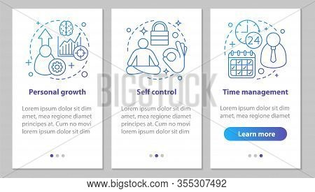 Personal Qualities Onboarding Mobile App Page Screen With Linear Concepts. Time Management, Self Con