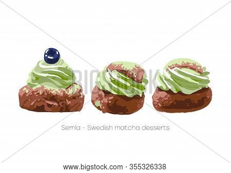 Semla. Traditional Swedish Desserts With Whipped Matcha Cream.