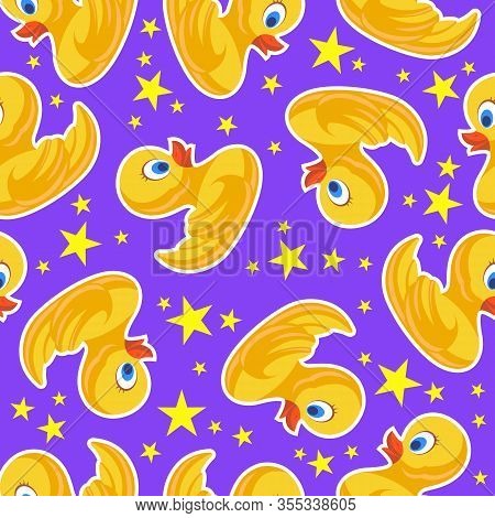 Cheerful Childish Seamless Pattern. Yellow Ducks And Stars On A Purple Background. Vector Illustrati