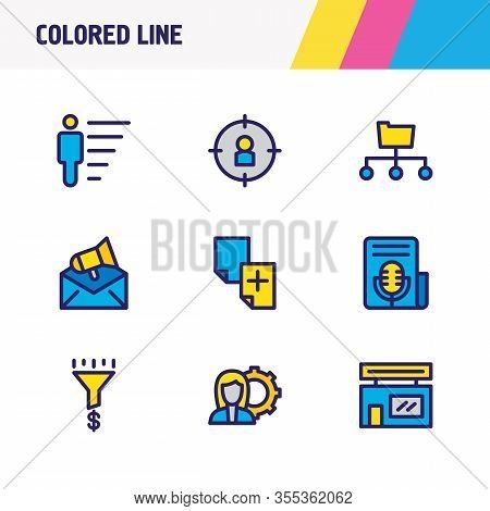 Illustration Of 9 Advertisement Icons Colored Line. Editable Set Of Duplicate Content, Email Marketi