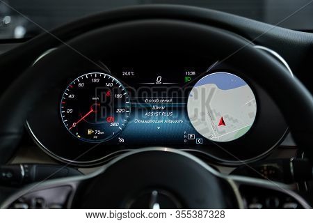 Novosibirsk, Russia - March 07, 2020:  Mercedes-benz Glc-class, Close Up Instrument Automobile Panel