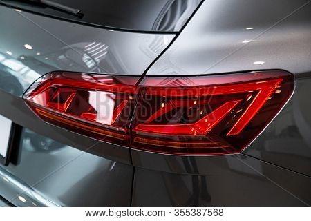 Novosibirsk, Russia - March 09, 2020:  Volkswagen Toureg,detail Light Close Up Of On New Car. Exteri