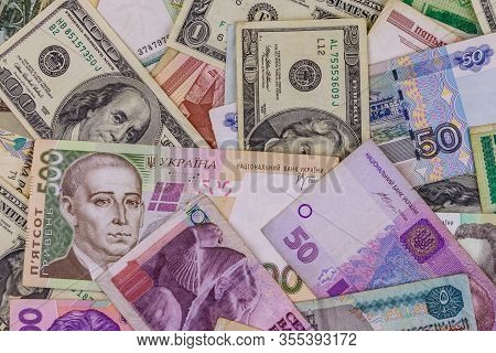 Multicurrency Background Of Us Dollars, Russian Rubles, Belarusian Rubles, Egyptian Pounds And Ukrai