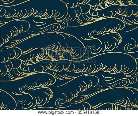 Storm Wave Water Sea Vector Japanese Chinese Seamless Pattern Design Gold Black