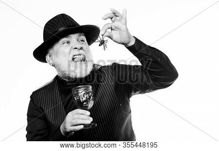 Scarey Enough Without A Costume. Mature Man Magician In Witch Hat. Happy Halloween. Halloween Holida