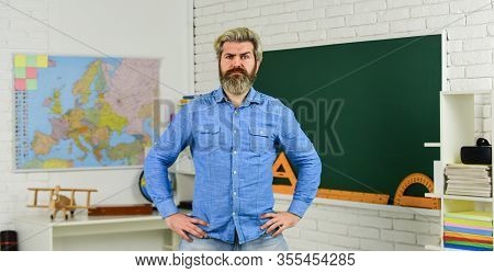 School Subject. Basic Education. History And Geography. Science Concept. Mature Bearded Teacher In C
