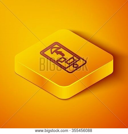 Isometric Line Buying Drugs Online On Mobile Phone Icon Isolated On Orange Background. Online Buying