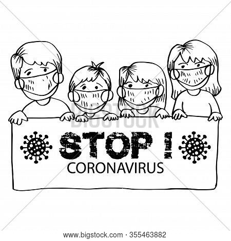 Cartoon Family Holding Stop Coronavirus Banner Message