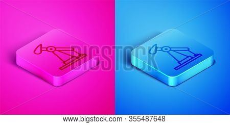 Isometric Line Oil Pump Or Pump Jack Icon Isolated On Pink And Blue Background. Oil Rig. Square Butt