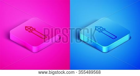 Isometric Line Magic Staff Icon Isolated On Pink And Blue Background. Magic Wand, Scepter, Stick, Ro