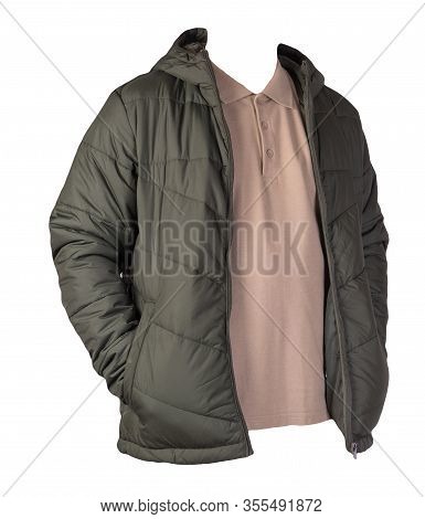 Mens Beige T-shirt And Hakki Jacket Isolated On White Background.casual Clothing
