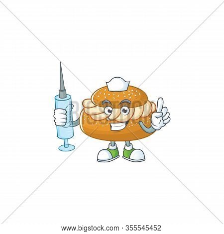 A Pleasant Nurse Of Semla Mascot Design Style Using Syringe