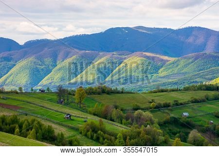 Rural Landscape In Mountains. Dappeled Light On Forested Hills. Wooden Fence Along The Hillside. Bea