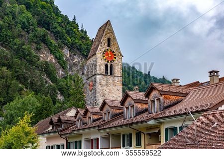 Church In Old City Of Unterseen Interlaken, Important Tourist Center In The Bernese Highlands, Switz