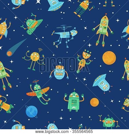 Seamless Space Robots Pattern. Cute Robot In Space With Stars And Planets, Colourful Funny Robots Ca