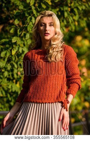 So Beautiful. Female Beauty. Femininity And Tenderness. Girl In Corrugated Skirt And Sweater. Pleate