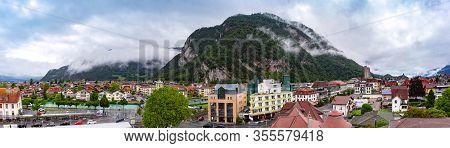 Aerial Panorama Of Old City Of Interlaken, Important Tourist Center In The Bernese Highlands, Switze
