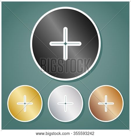 Positive Symbol Plus Sign. Set Of Metallic Icons With Gray, Gold, Silver And Bronze Gradient With Wh