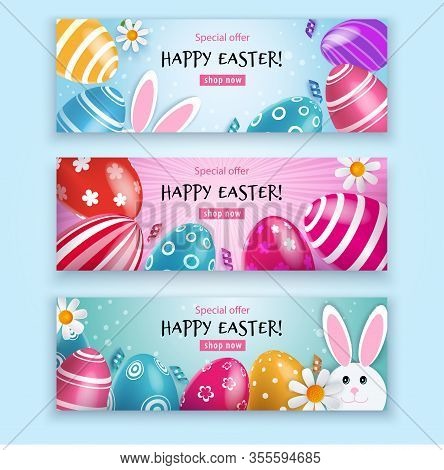 Easter Beautiful Banner. Multicolored Easter Eggs With Bunny And Chamomiles