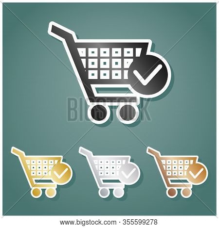 Shopping Cart With Check Mark Sign. Set Of Metallic Icons With Gray, Gold, Silver And Bronze Gradien