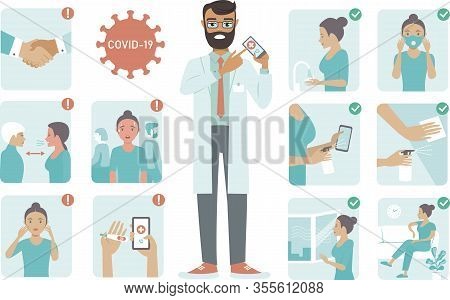 Covid-19 Virus Protection Tips. Doctor Character Pointing On Phone Screen. Coronovirus Alert.  Set O