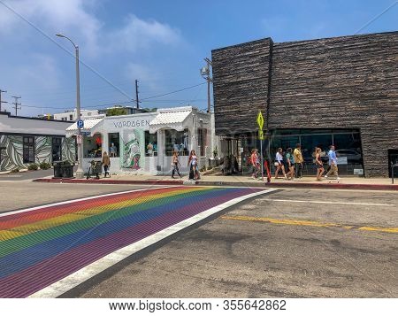 Rainbow Gay Flag Crosswalk In Abbot Kinney Boulevard, Venice, Los Angeles, Usa. Colorful Pedestrian 