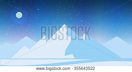 Ice Mountain Landscape. Iceberg At Night With Moon, Stars, Aurora. Vector Illustration.