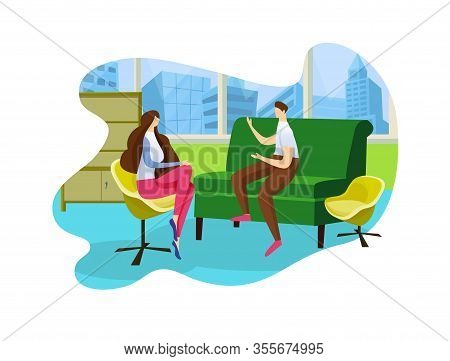 Male And Female Characters Chatting At Home Sitting Face To Face In Comfortable Sofa And Armchair. F