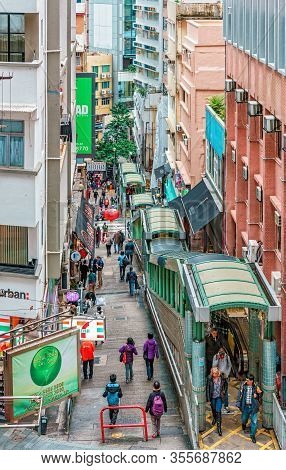 Hong Kong, China - January 29, 2016: Central-mid-levels Escalators In Central District On Hong Kong 
