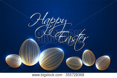 Happy Easter Greeting Card With Shiny Gold Eggs. Rich Holiday Banner. Easter Eggs Made Of Curve Line