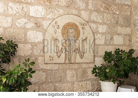 Jerusalem, Israel, February 29, 2020 : Icon Depicting St. Onufry The Great Hanging On The Wall Of Th
