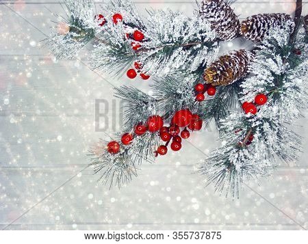 Winter Christmas Background With Fir Branches Cones And Snow On Blue ...
