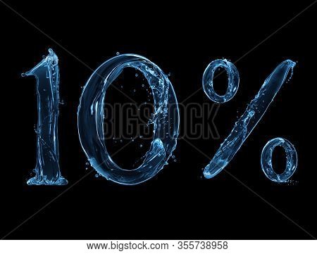 Number 10 And Percent Sign Made With A Splash Of Water On A Black Background. 3d Illustration