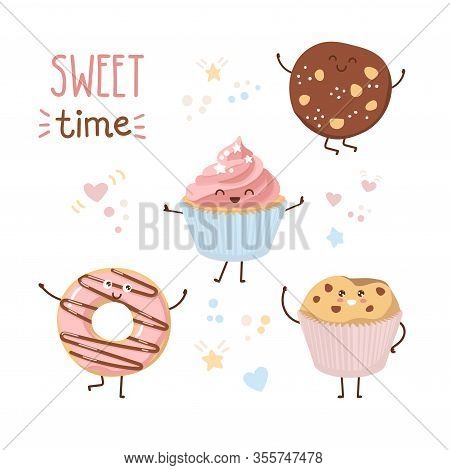 Kawaii Vector Illustration Sweet Time. Set Of Cute Baked Products With Doodle Hearts, Stars And Dots