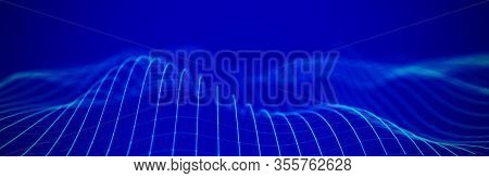Wave 3D. Wave Of Particles. Abstract Blue Geometric Background. Big Data Visualization. Data Technol
