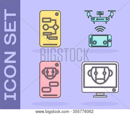 Set Bot, Algorithm, Bot And Remote Aerial Drone Icon. Vector