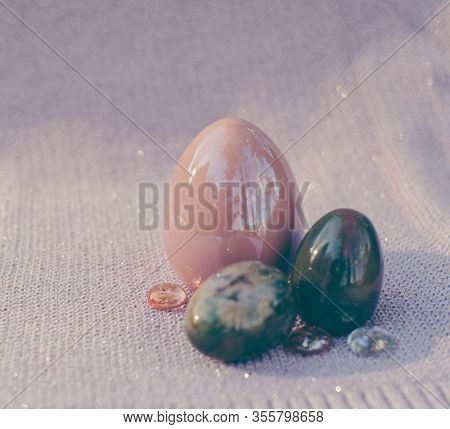 Easter background with Easter eggs. Soft focus, bokeh effect. Happy easter greeting card template in