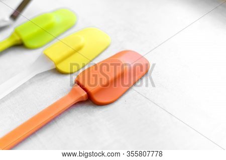 Set Of Multi-colored Silicone Spatulas, Kitchen Tools. Sweet Pastries, Recipes, Cooking