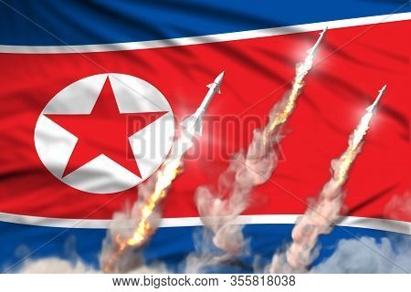 Modern Strategic Rocket Forces Concept On Flag Fabric Background, North Korea Nuclear Warhead Attack